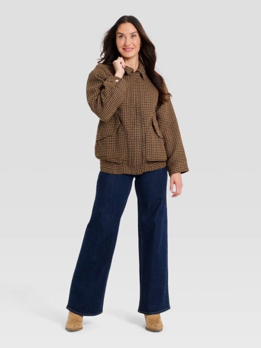 Universal Thread Womens Tweed Fashion Jacket Brown Houndstooth Zip Snap Medium M - Picture 2 of 3
